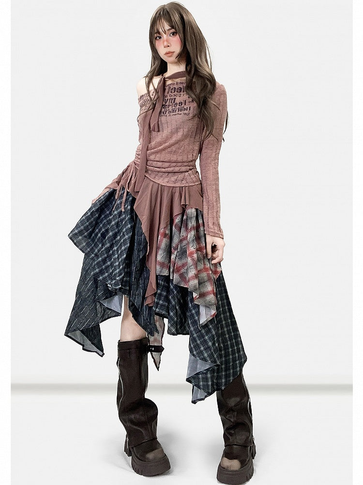 + Schal Brauner Buchstabe Asymmetrisches Top Musterdruck Millard Rötlich Gestreifter Modesaum