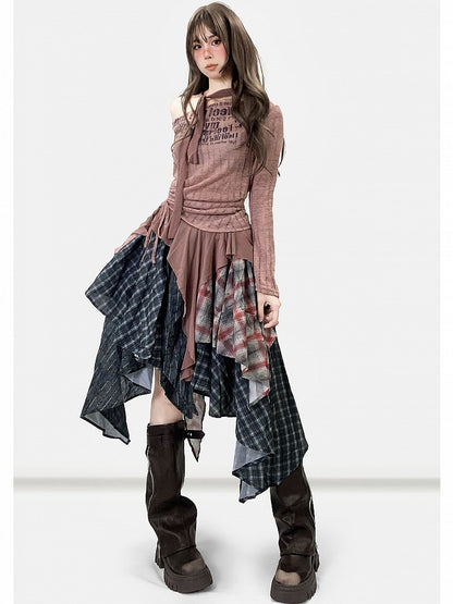 + Schal Brauner Buchstabe Asymmetrisches Top Musterdruck Millard Rötlich Gestreifter Modesaum