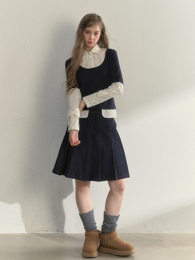 Sleeve Blue Navy Fake Blouse Two-Piece Vintage Long