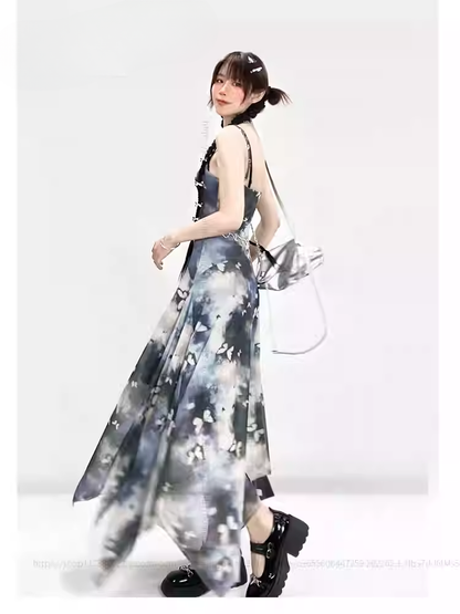 Y2K Vintage Blue Butterfly Print Oil Painting Slim-fitting Slip Dress