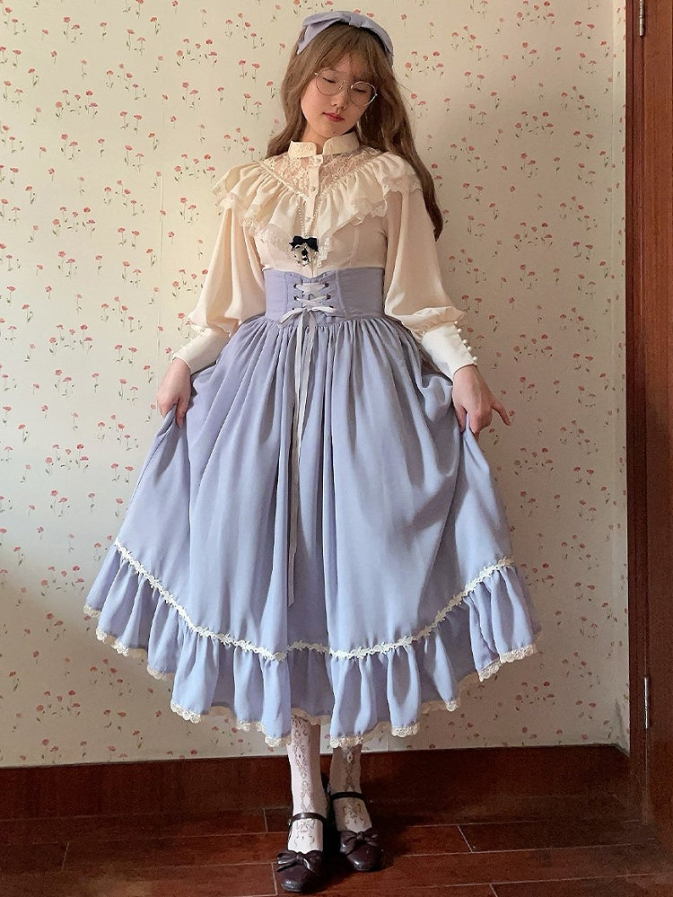 Light Gray Boned High Waist Elegant Classic Lolita Skirt with Lace Trim