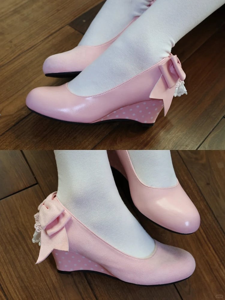 Pink Sweet Lolita Wedge Mary Janes – Detachable Lace Heart & Bow Accents | SANERBBY