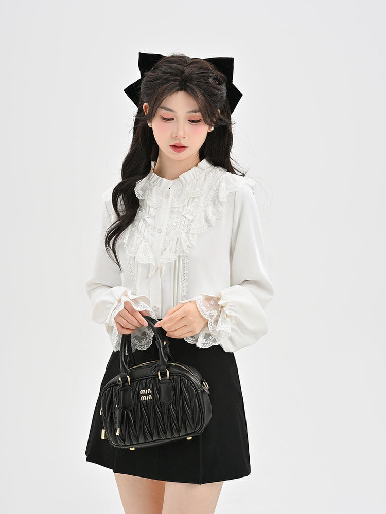 詳細 ブラウス ホワイト シフォン レーストリム 蝶結び フリル