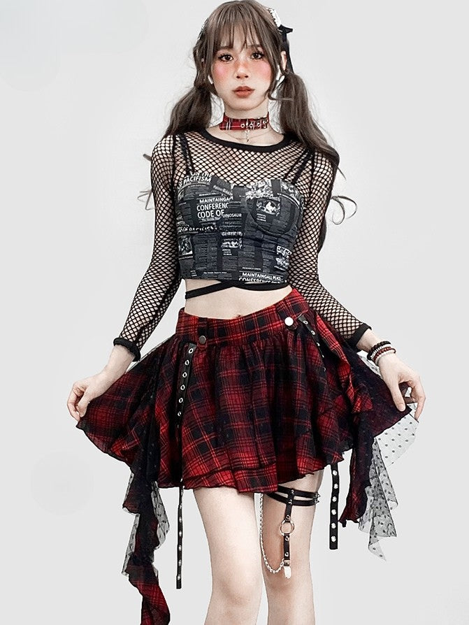 Rock Glamouröses Y2K Muster Rüschen Kaskadierung SchwarzRot Besatz Kariert