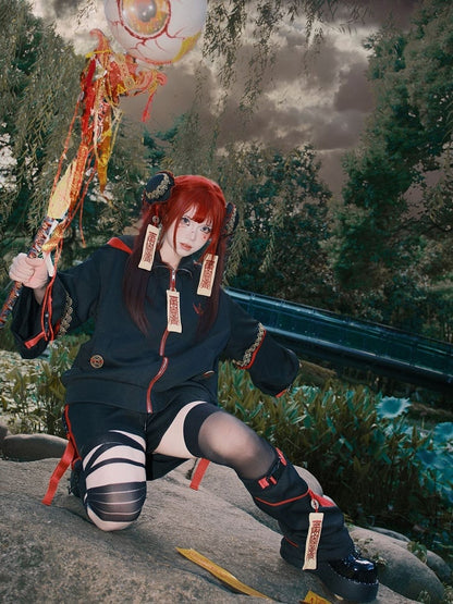 Red Goth Techwear × Little Zombie Hooded Jacket Cheongsam Outfit: Black