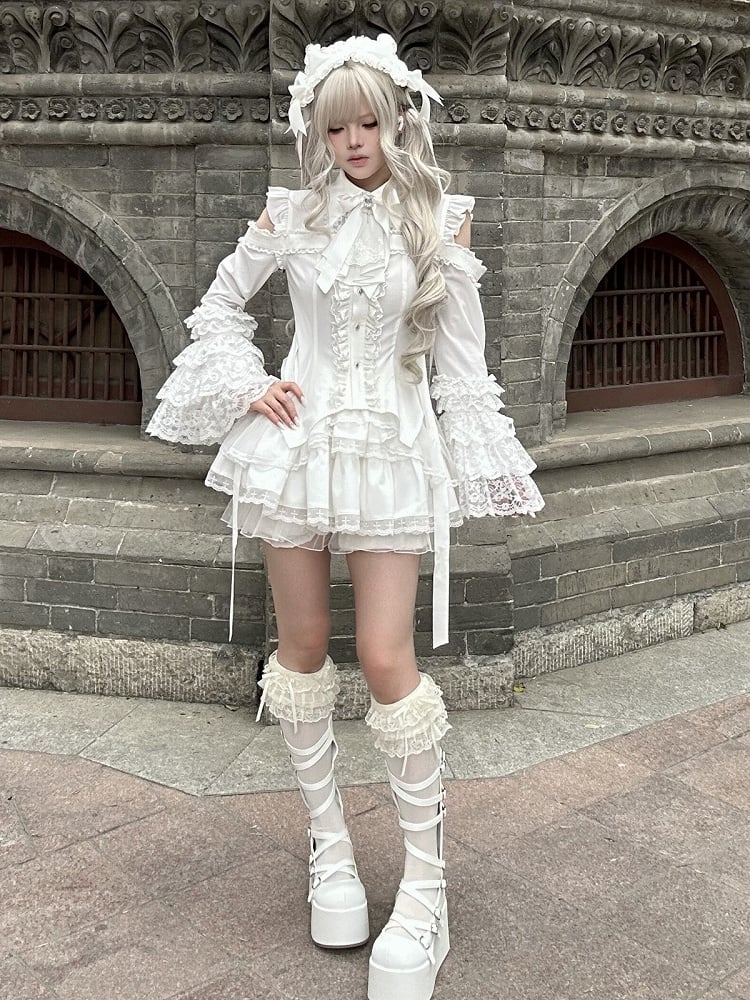White Gothic Landmine Blouse with Cutout Shoulders, Bell Sleeves and Lace Accents - Ekomi