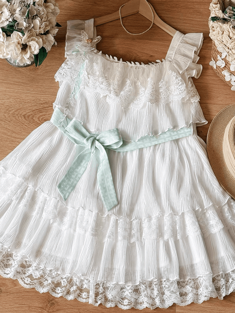 and Brooch with Waist Belt Tiered Lace Trim Flutter Sleeves Dress Sweet White