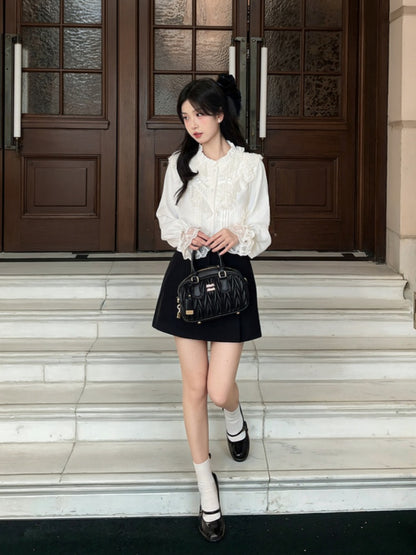 詳細 ブラウス ホワイト シフォン レーストリム 蝶結び フリル