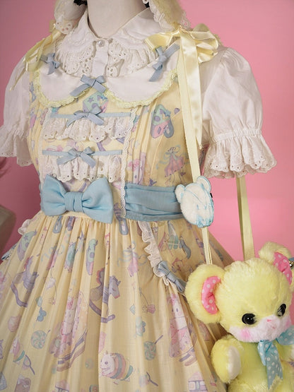 Adorable Lolita JSK Gown in Yellow and Blue with Lace Trim Detail - Vcastle