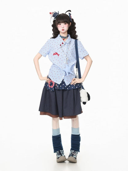 Heart Print Blue Asymmetrical Dolphin Embroidered Shirt - Languid Park