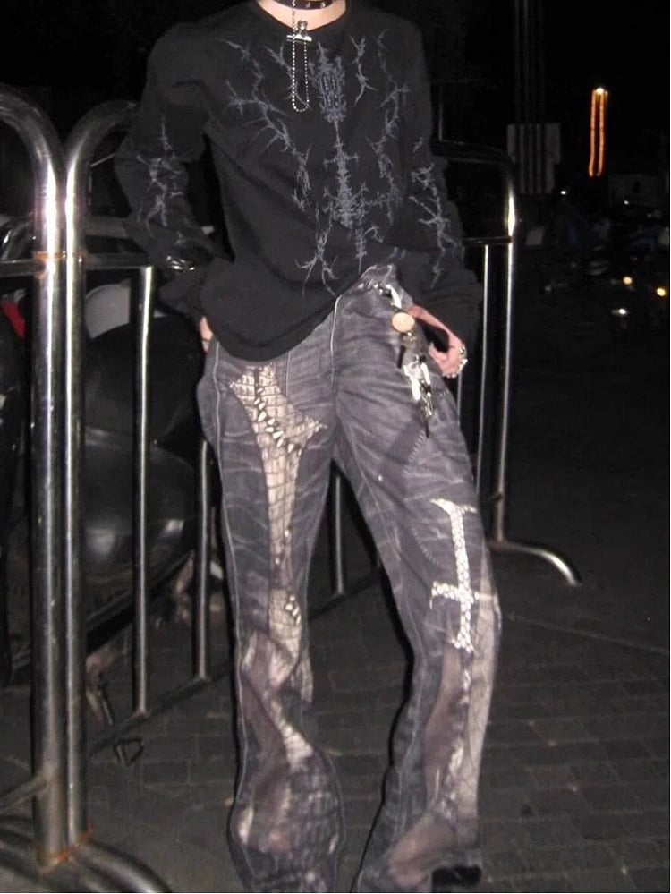 Sleeves Y2K Print Top Black Long Punk
