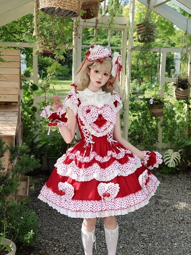 Crimson Cherry Polka-Dot Lace JSK with White Trim - Rosede Cheese