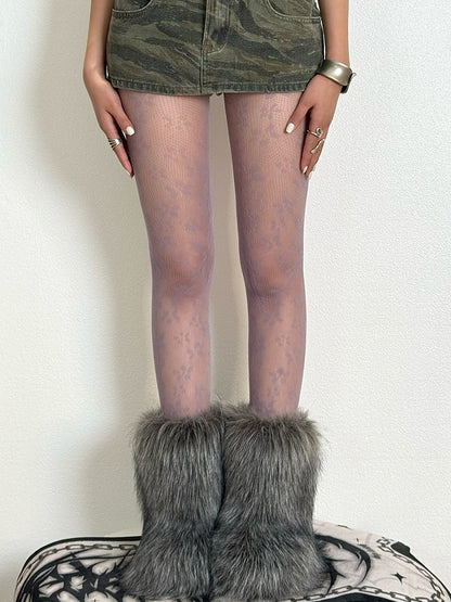 Y2K Brown/Purple/Black/White Floral Details Tights