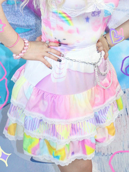 A-Linie Y2K Streifenmuster Weiß/Blau/Lila Stufenrock mit Spitzenbesatz