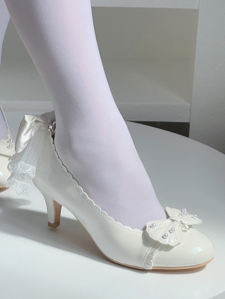 White Lolita Beads with Mid-Heel Bow - Scalloped Shoes Shell Elegant Inspired Details Edge