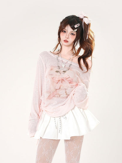 Coverup Adorable Kitten Print Asymmetrical Neckline Pink Semi-sheer