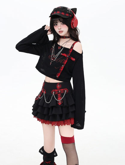 Trim Appliques Plaid Cross Lace Skirt Decorated Tiered Pink/Red Chains