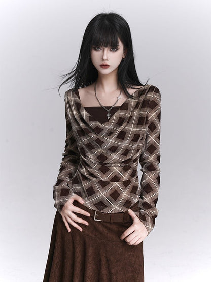 Plaid Cowl Two-Piece Neck Faux Coffee for with Top Autumn Early