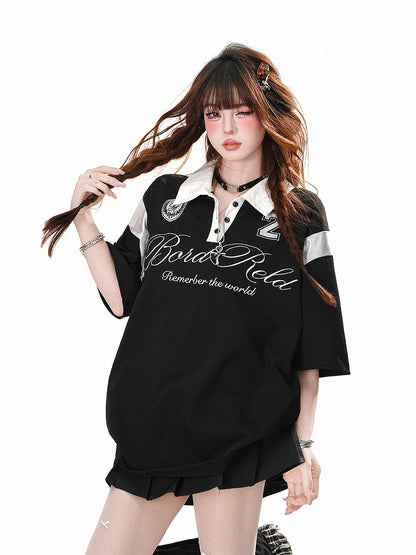 Schwarz/weißes Sport-T-Shirt im Preppy-Stil mit Polokragen