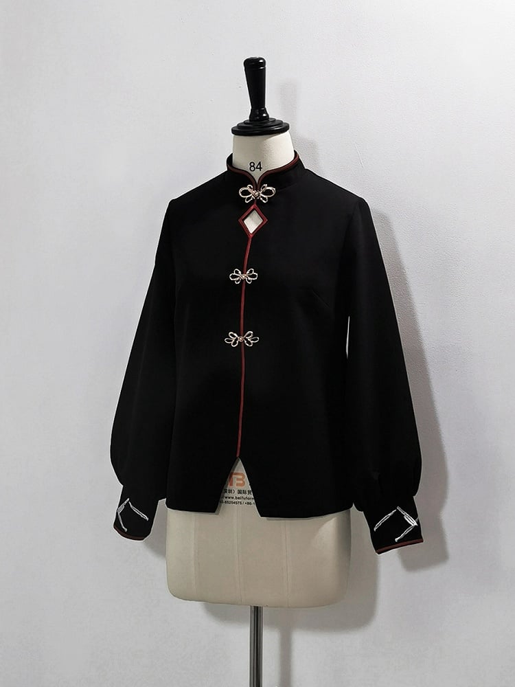 Chinoiserie Fashion Style Black Ouji Banded Frog Collar Button Top