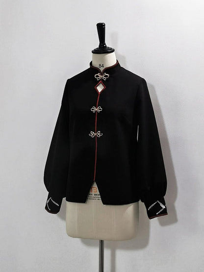 Chinoiserie Fashion Style Black Ouji Banded Frog Collar Button Top