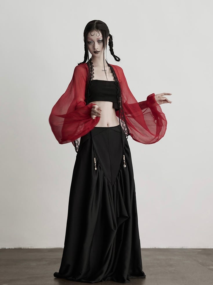 Ruffled Sheer Goth Cord Details Urban with Red Shell Cardigan