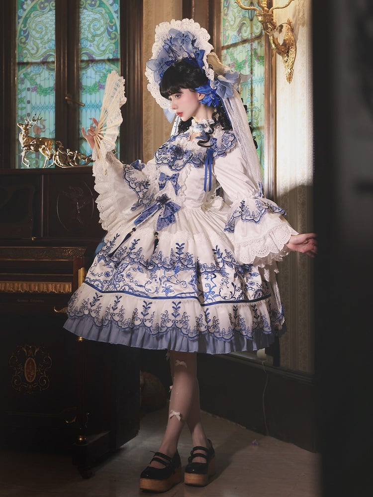 Blue Porcelain Butterfly Chinoiserie and Embroidery White Fabric