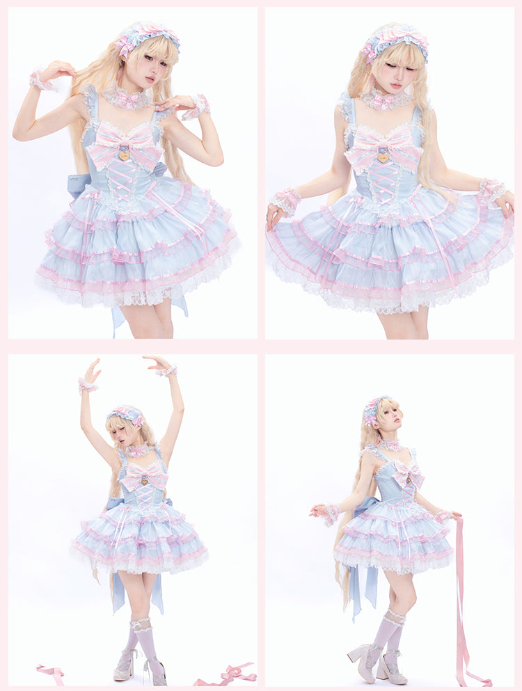 Haarband mit Rüschenakzenten, Rosa, Blau und Schleife, Lolita