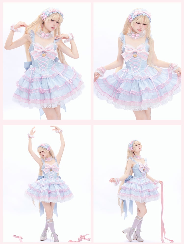 Rock und rosa blauer Pulloverrock Hime Lolita-Kleid Flatterärmel gestuft