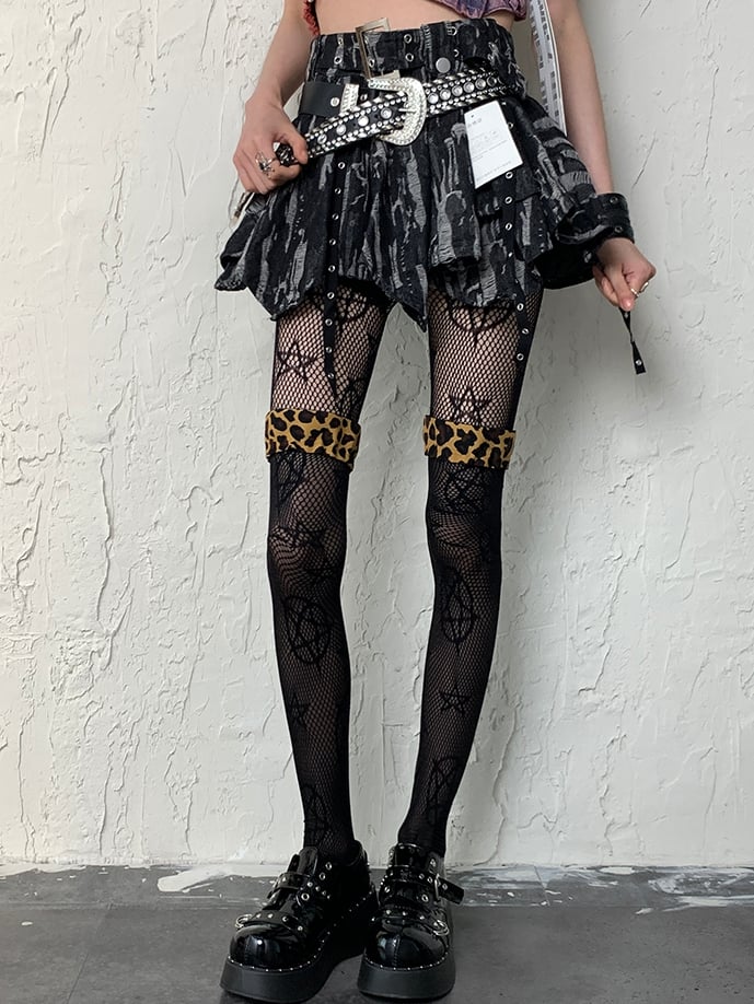 Schwarze Stulpen Overknee-Muster Y2K Strümpfe Halbtransparent Leopard