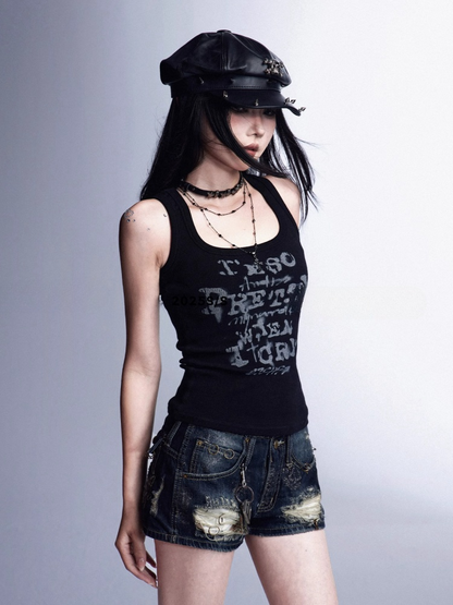 Schwarzes Vintage-Tanktop mit Buchstabendruck und schmaler Passform, glamourös