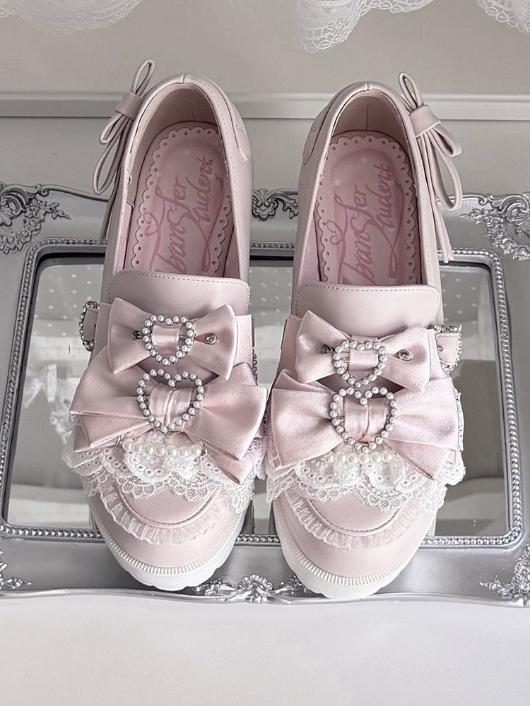 Jirai Kei Pink Pearl Heart Lace Bowknot Footwear - Transfer Student