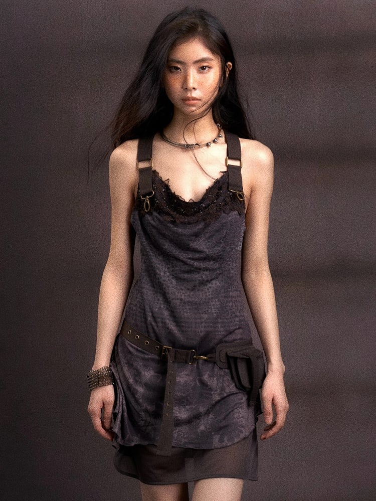 Adjustable Neck with Dress Print Belt Floral Black PU Cowl Layered