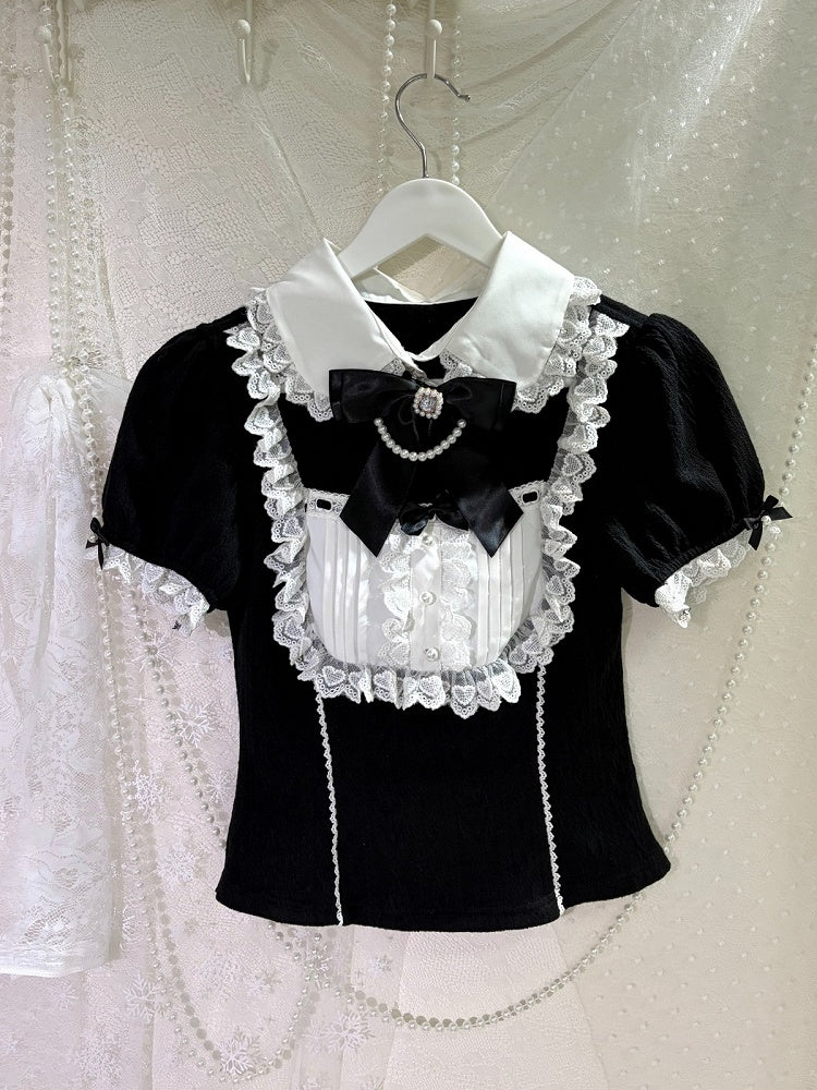 Bunny Ear Puff Sleeve Top with Lace & Bows, Black & White Maid Style - kukuwa