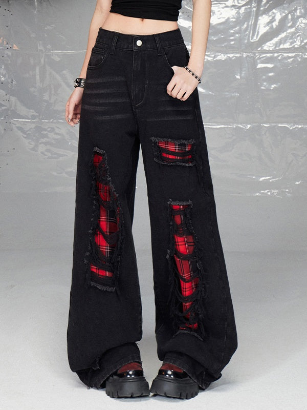 Black Distressed Holes Plaid Pattern Straight-leg Cut Jeans