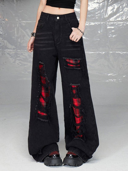Black Distressed Holes Plaid Pattern Straight-leg Cut Jeans