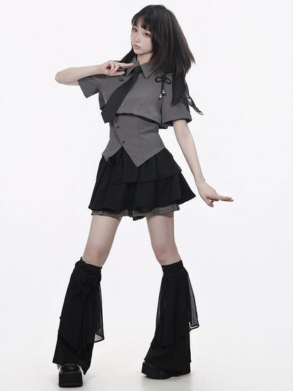 Gray Cropped Shirt with Leather Knot & Cami Set - PINK SAVIOR