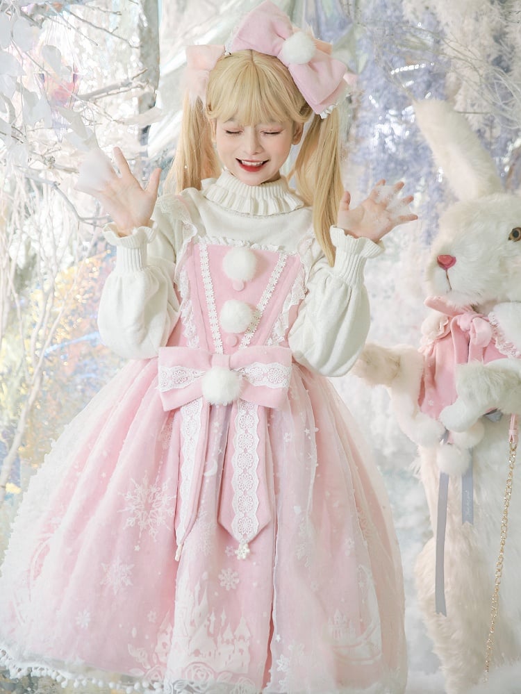 Moon with Set Snow Lace Dress Jumper Print Overlay Cape Trim Pink Plush Castle Lolita Skirt
