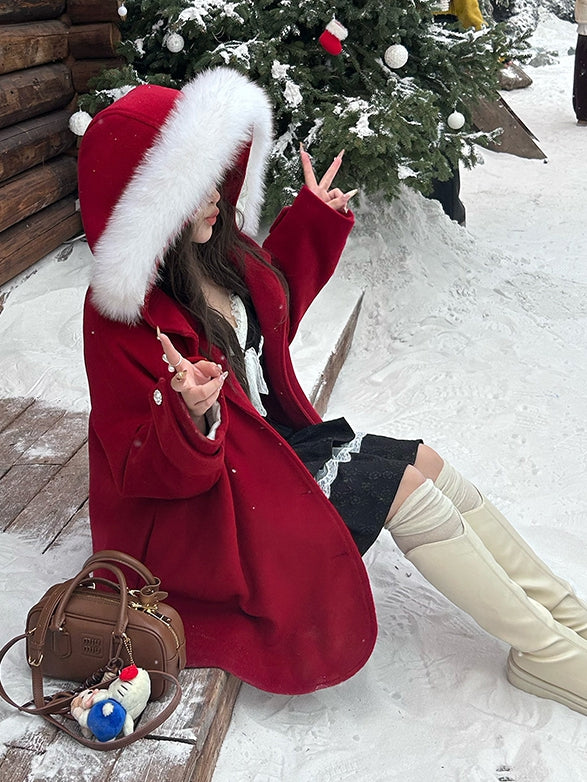 プラスサイズ レッド プラッシュトリム フード付きウールコート