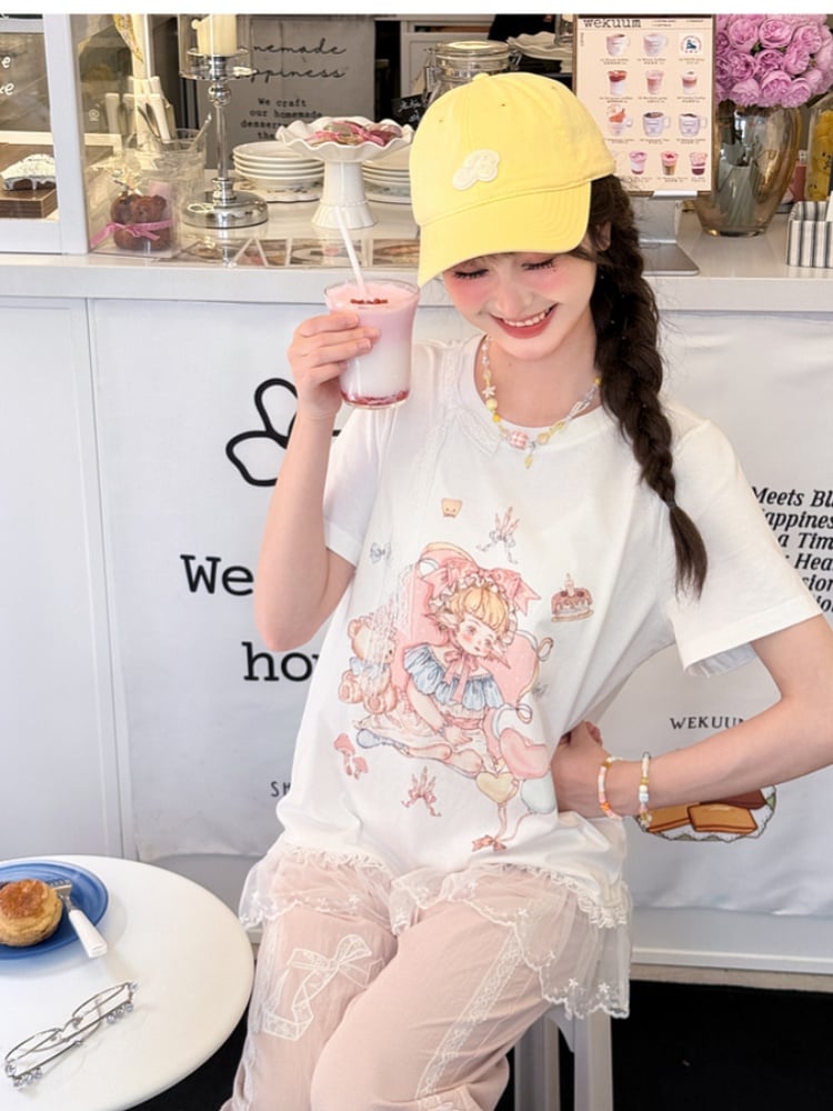 Pink/White Girl Print Lace Trim T-Shirt Cute Round Neck
