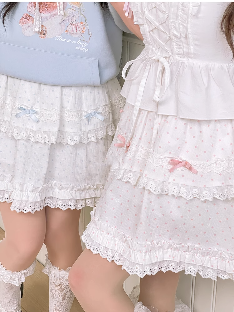 ブルー/ピンクの水玉模様の蝶結び、フリルのレーストリムのティアードスカート