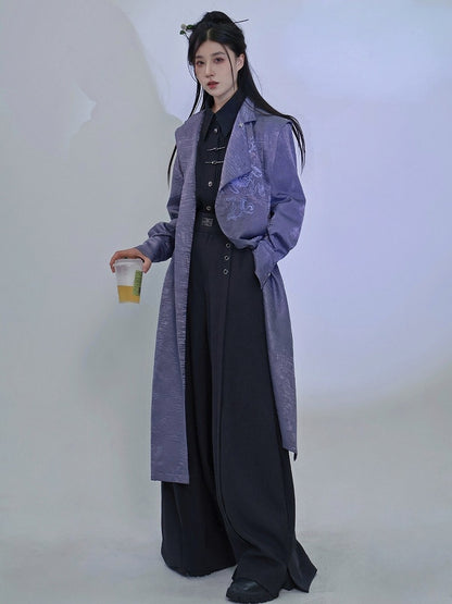 Purple Trench Coat with Dragon Embroidery, Mandarin Collar & Removable Tassel Detail - Feng Hua Gui Guo Ling
