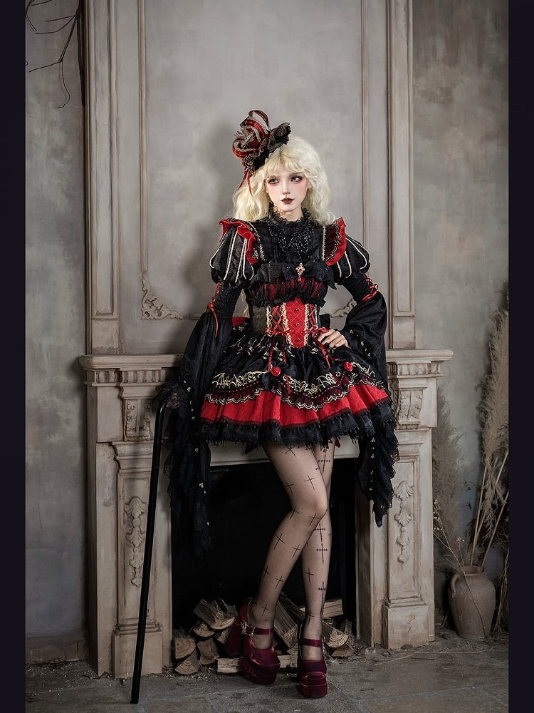 Gothic Lolita JSK Dress with Bat Pattern and Floral Embroidery in Black and Red - Dream Magic Box