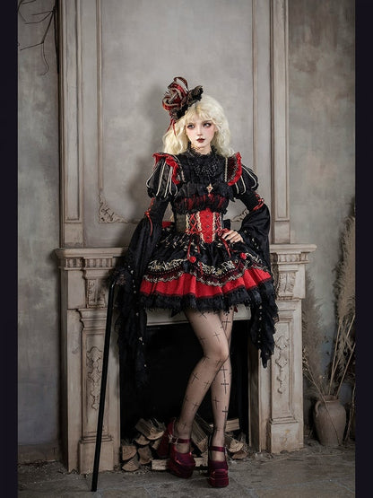 Gothic Lolita JSK Dress with Bat Pattern and Floral Embroidery in Black and Red - Dream Magic Box