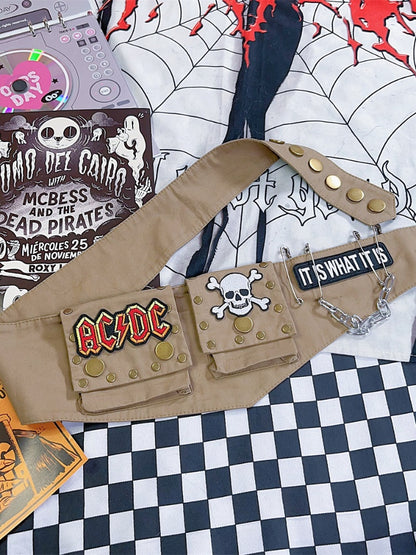 カーキ スケルトン アップリケ チェーン パンク ウエストバッグ