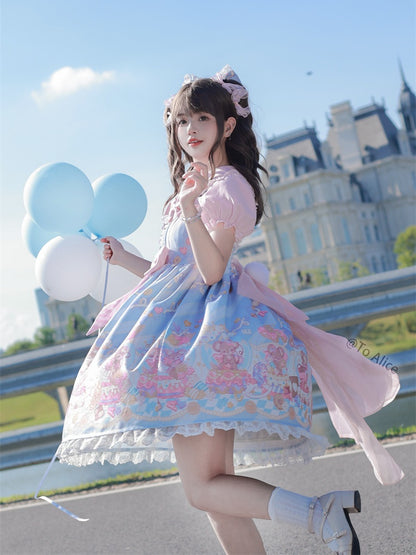 Neckline Design Bow Blue Ears Sweet Lolita Dress JSK Adorable Mouse Print Mouse Big