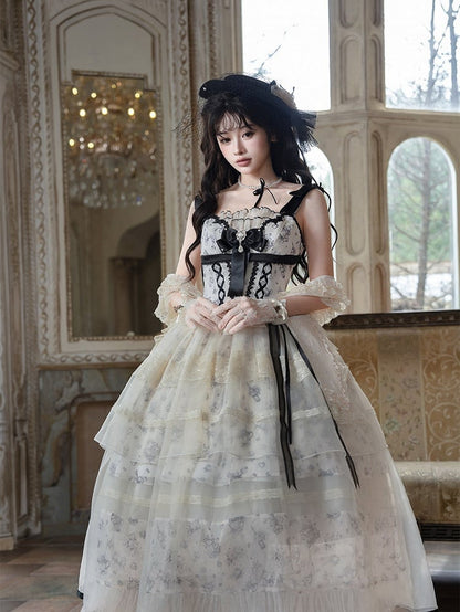 Champagne Bow Lace JSK Set with Cape and Pearl Hat - Sweetheart Macaron Lolita