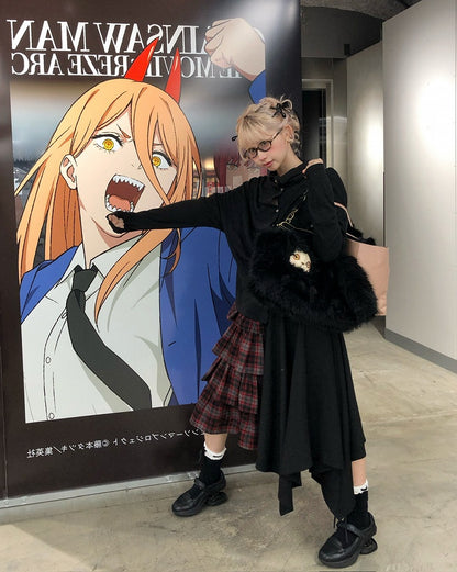 Wool Kawaii Plaid Black Skirt Bittersweet Tiered Red