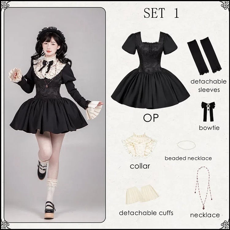 Black Short Version Boned Waist Square Neckline Dress Elegant Lolita Full Set