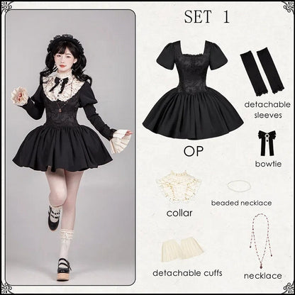 Black Square Neckline Boned Lolita OP Dress Set - With PUJI